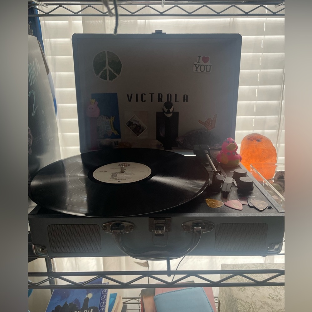 Teal victrola record player